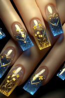 24pcs Flower Stick on False Nails Shiny Powder Design Coffin Press on Nails