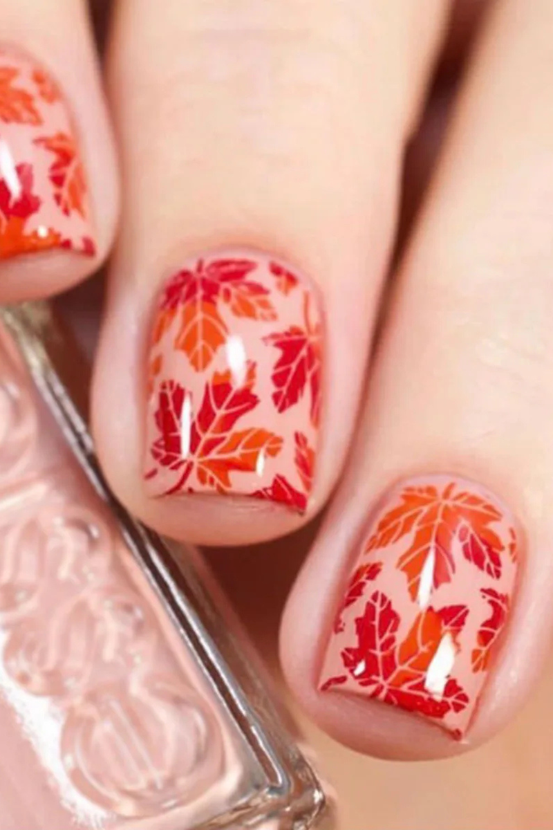 Press on Red Orange Gradient Maple Leaf Design Fake Nail Art Reusable Full Cover Nails Tips