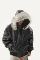 Detachable Fur Collar Leather Jacket Men's High Street Oversized Silhouette Cotton-padded Winter