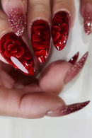 Red Flowers Design Fake Nail with Almond Head Mid-length French Press on False Nails Glitter