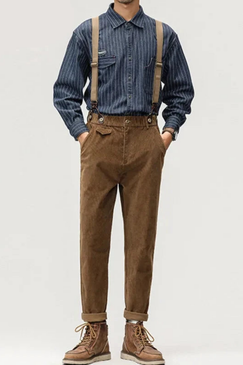 Retro Men Pants Loose Casual Corduroy Straight Autumn Male Solid Color Straps Jumpsuits