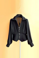 Blouse Women Slim Waist Long Sleeve Chiffon Shirts Folds Single Breasted Crop Tops