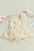 Baby Girls Romper Dress Summer Sleeveless Square Neck Floral Lace Embroidery Party Princess Bodysuit Headband Outfit
