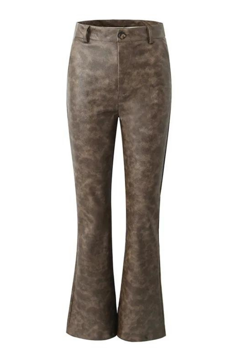 Retro Distressed Brown Leather Flare Pants Woman Middle Waist Loose Long Straight Trousers Casual Bottom Black