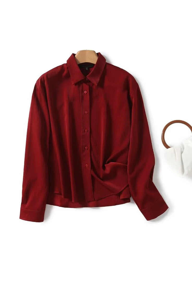 Women Office Wear Red Shirt Long Sleeve Lapel Collar Casual Blouse