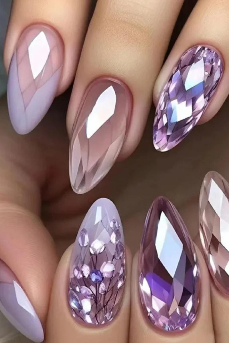 24pcs Purple Crystal Decor False Nails Irregular Crystal Almond Press on Nails Wearable Detachable Ins