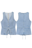Blue Denim Sleeveless Shirt French Country Lace Casual Denim Vest Women Tank Tops