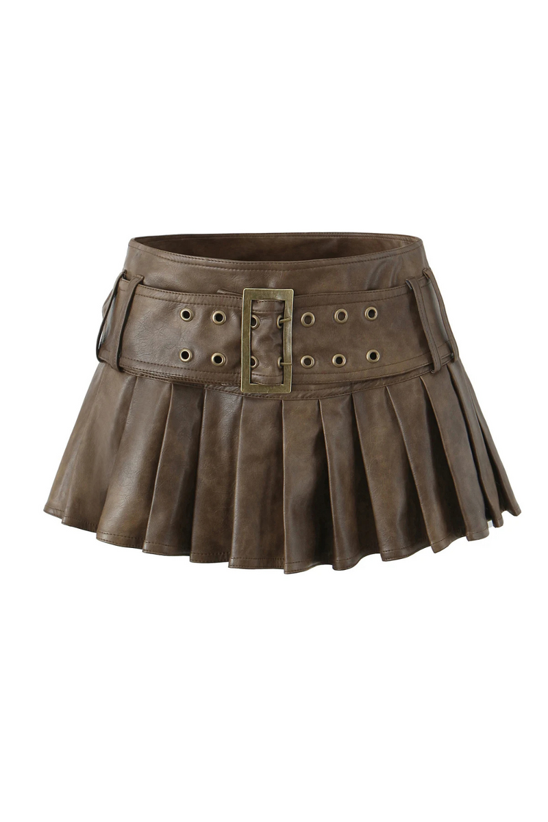 Skirts For Woman Mini Skirts Low Waist Summer Leather Pleated Skirt With Belt Brown