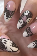 24pcs Phantom White French Fake Nails Sets Halloween Flower Stick on Nail Tips Mid-length Almond False Nail Art Press on Nails