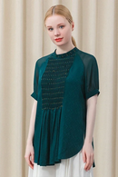 Silk Green Jacquard Women T-shirt Half-high Collar Raglan Sleeves Hem Split Straight Loose Tops