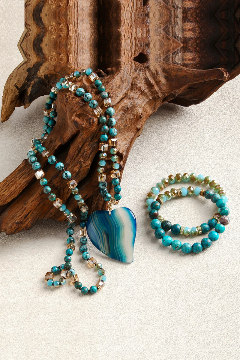 Bohemian Women Jewelry 6mm Natural Stone Glass Knot Necklace Agate Heart Pendant,8mm Beaded Elastic 2pcs Stack Bracelet Set