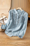 Linen Shirt for Women Summer Embroidery Blouses Top Turn-down Collar