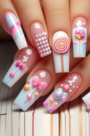 24Pc Blue White Shading Fake Nails Candy Pattern Design Med-length Coffin Press on Nails Sweet Cute Fashion Full Over False Nail