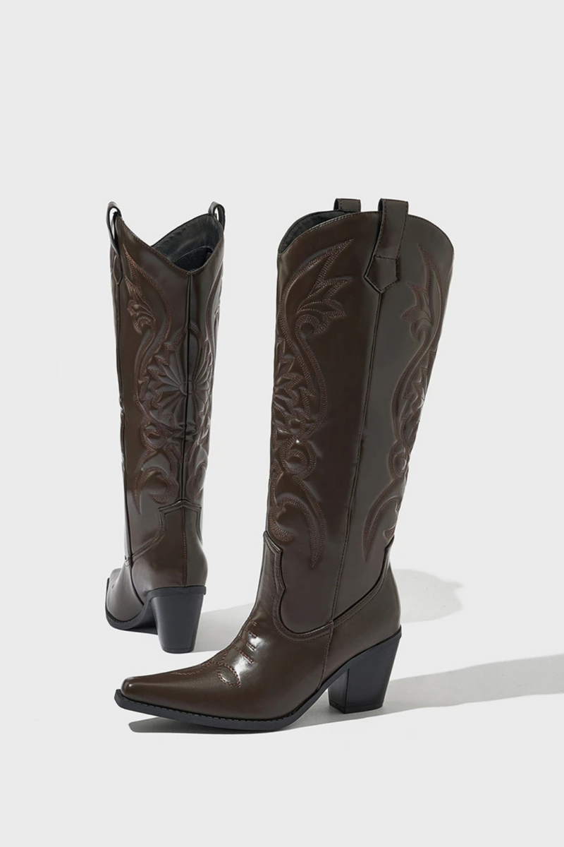 Comfort Leather Knee-High Boots Spring Autumn Pointed Thick Heel Sewing Side Zipper Boots Women