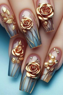 24pcs Blue Gradient Press on Nails Finished Golden Flower Coffin False Nail Tips Long Ballet Fake Nail with Pearl