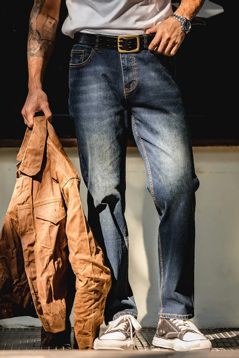 11.5oz Denim Washed Straight Jeans for Men Casual Pants