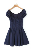 Women Vintage Puff Sleeve Square Neck Navy Blue Mini Dress Low Waist Female Cotton Casual Robe