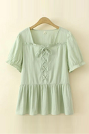 Women Blouses Summer Short Sleeve Cotton Jacquard Lace-Up Tops Loose Tees Oversized Curve Clothes