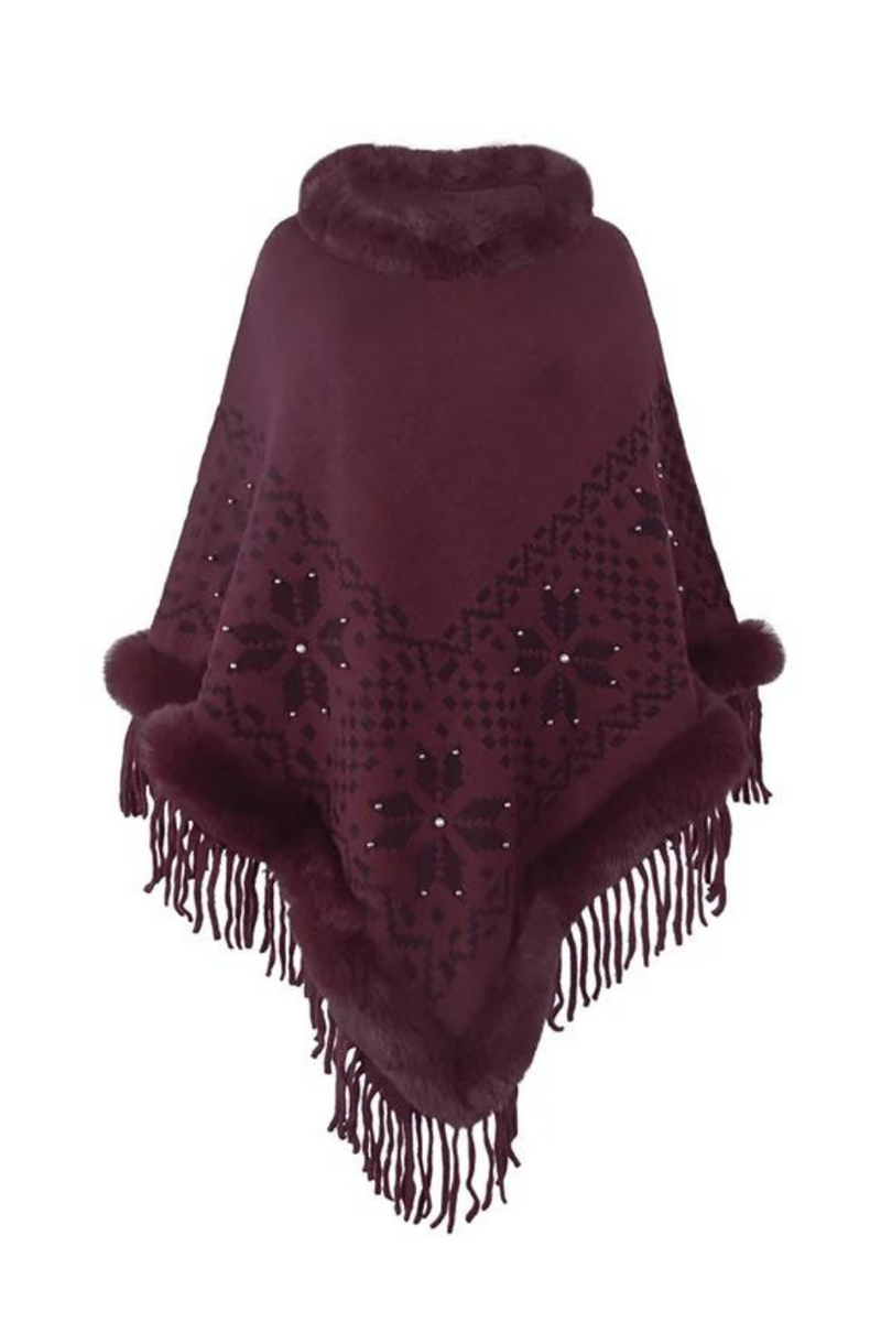 Autumn Winter European American Capes Shawl Imitation Wool Collar Nail Bead Tassel Sweater Ponchos Women Cape Red Cloak