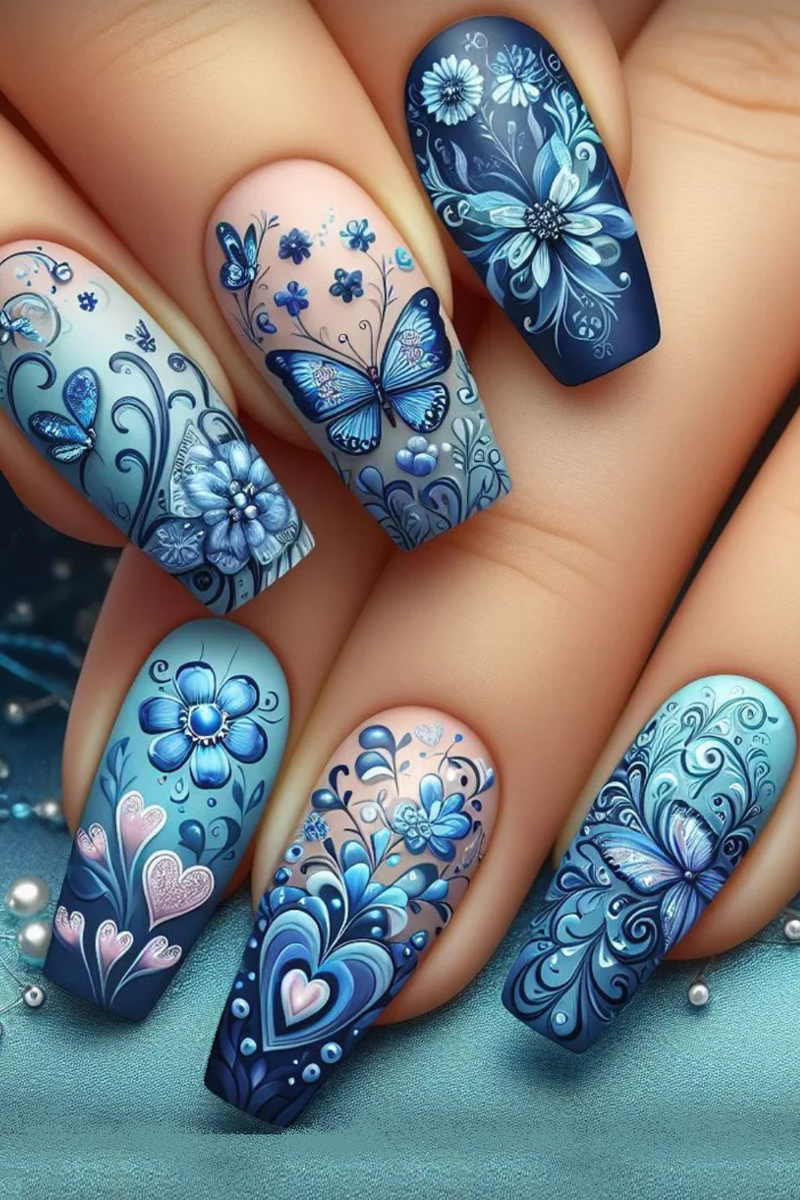 24Pcs Blue Gradient Nails Flower False Nails Retro Cute Artificial Nail Med-length Nail Tips