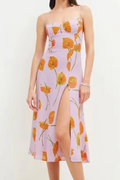 Flower Corset Style Bandage Spaghetti Strap Midi Dress Retro Women Lacing Up Sling Slit Holiday