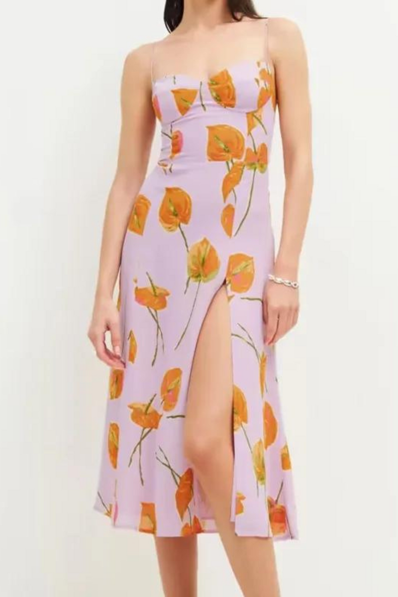 Flower Corset Style Bandage Spaghetti Strap Midi Dress Retro Women Lacing Up Sling Slit Holiday