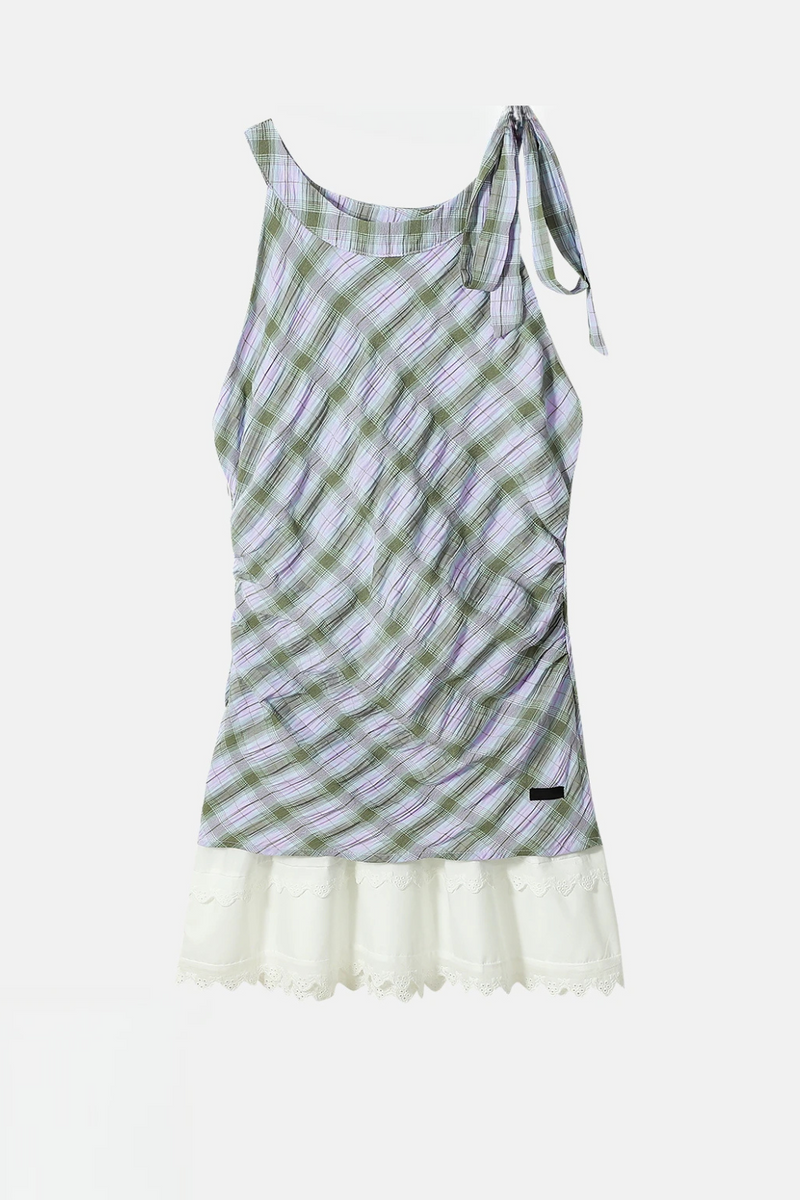 Plaid Halter Neck Vest Dresses Women's Summer Sleeveless Spliced Lace Waist Slimming Short Dress
