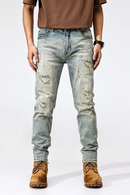 Men Jeans Retro Washed Blue Stretch Slim Ripped Jeans Men Embroidery Patched Denim Pants