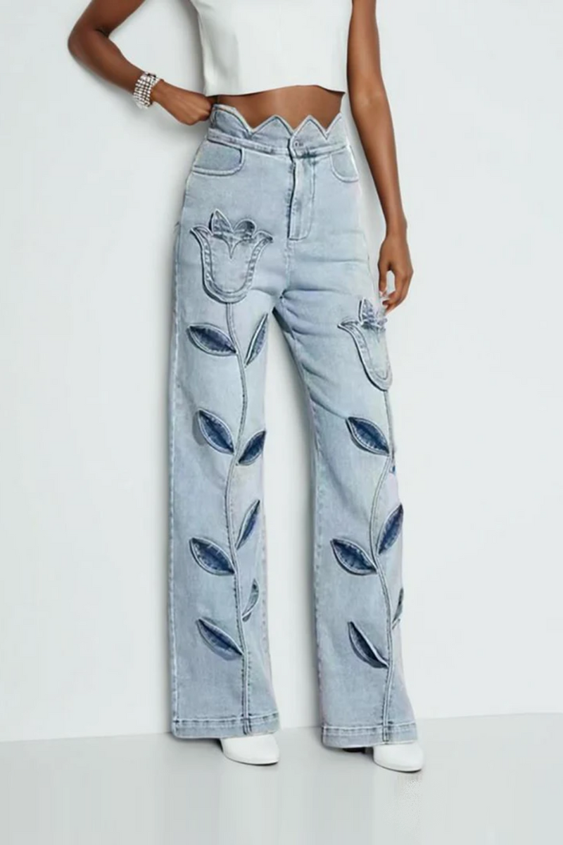 Floral Casual Denim Trousers For Women Spliced Button Wide Leg Pants