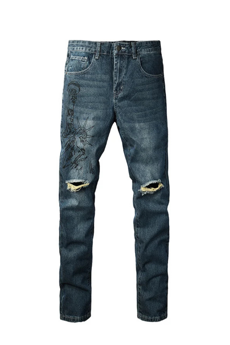 Men High Street Distressed Dark Blue Holes Pattern Slim Fit Jeans Pants