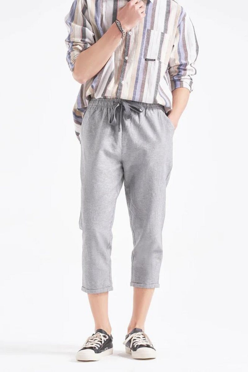 Spring Summer Men's Solid Linen Crop Pants Cotton Hemp Casual Cropped Pants