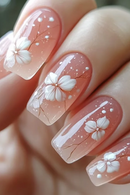 24pcs Pink Gradient False Nail Art Flower Design Stick on Nails Sets Mid-length Square Press on Nails Tips
