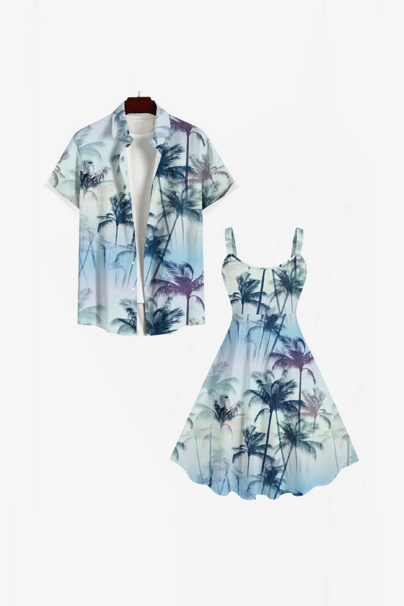 Couple Hawaiian Coconut Tree Ombre Shirt Flare Tank Dress Holiday Couple Outfits
