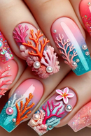 Summer Fresh False Nails Tips Long Cute Underwater World Press On Nails Ocean Series Wearable Nails Coral Nails