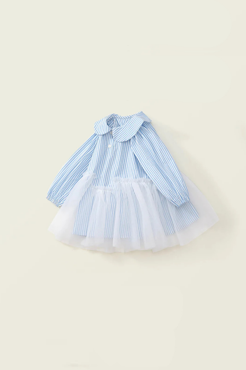 Girls Blue Collar Dress Spring Children Edition Striped Splicing Mesh Skirt