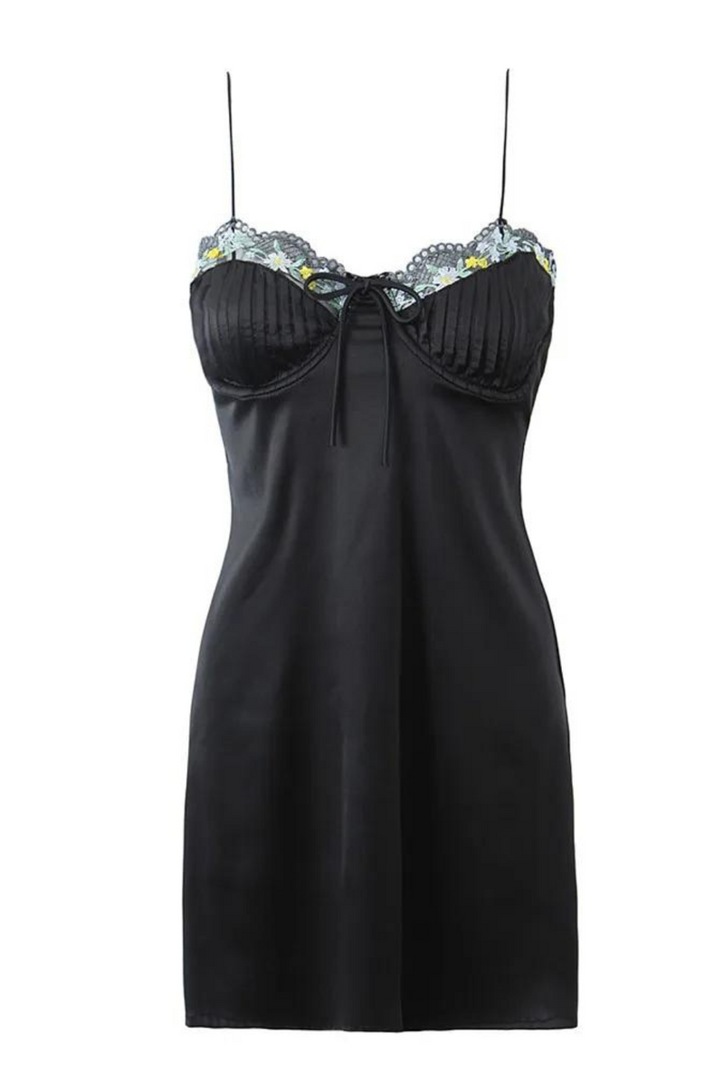 Autumn Mini Strap Dress Women Vintage Casual Floral Embroidery Draped Satin Backless Short Dress Female