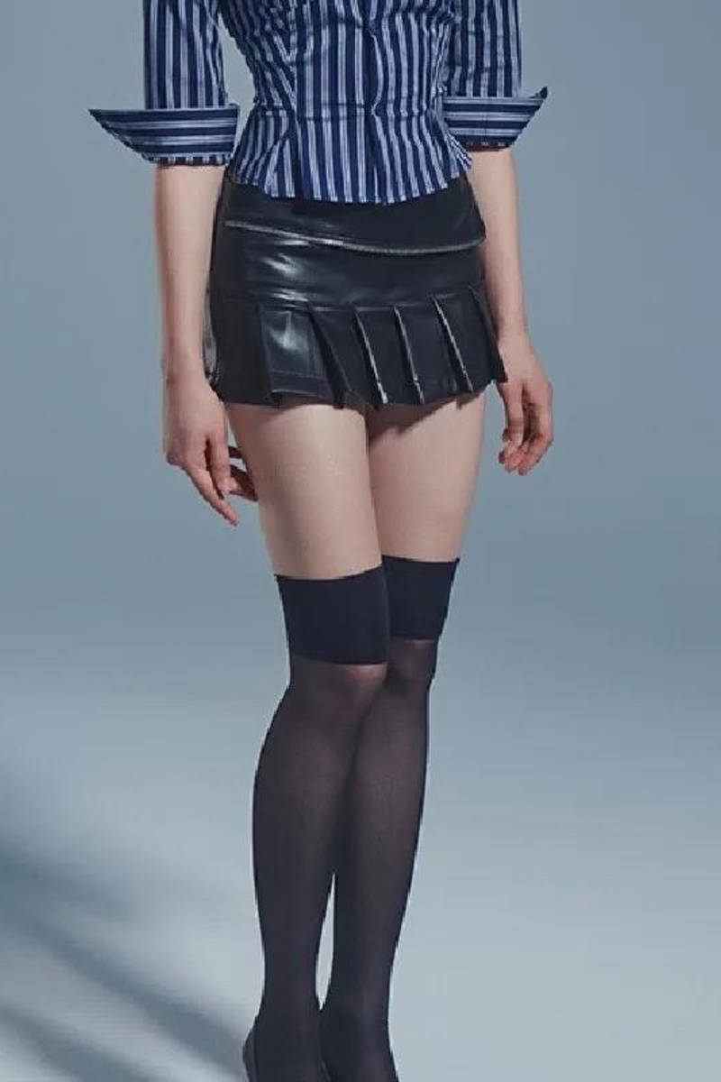 Leather Pleated Mini Skirt With Shorts lining Sexy Zipper Low Waist Short Skater Coffee White Black