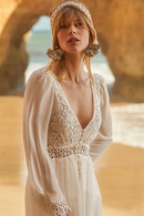 Chiffon V-Neck Long Sleeve A-Line Wedding Dresses Open Back Appliques Lace Boho Country Bridals Gowns
