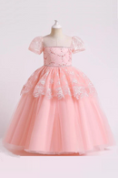 Girls Clothes Summer Lace Princess Dress Beaded Wedding Dress Puff Sleeve Long Skirt Children Show Puff Skirt