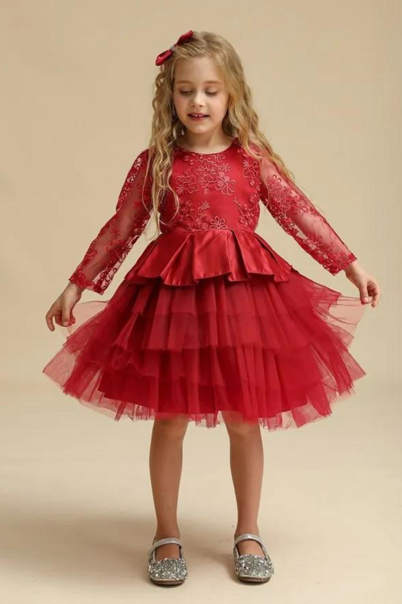 Red Baby Christmas Dress for Girls Flower Elegant Princess Birthday Baptism Costume Toddler Kids V-Back Lace Wedding Party Gown