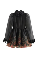 Women's Flower organza dress Lantern Sleeve Slim Mini Puffy Dress