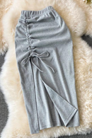 Summer Women Retro High Waist Slim Skirt Elastic Waist Drawstring Slit Skirt