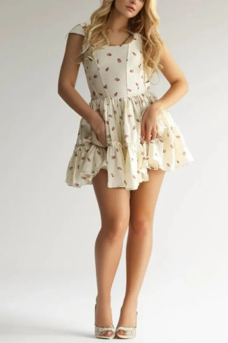 Women Beige Strawberry Tie Bow Strap Dress Cross Swing Cake