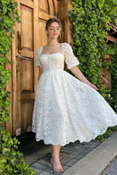 Ivory Lace Prom Dresses Square Neck Tea-Length Party Evening Gown Formal Backless