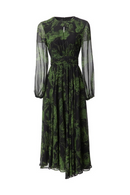 Women Round Neck Lantern Long-Sleeved Pleated Scenery Dress