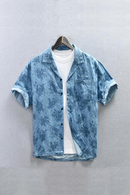 Men's denim short-sleeved shirt vintage casual shirt Cuban collar pure cotton Hawaiian shirt men clothing