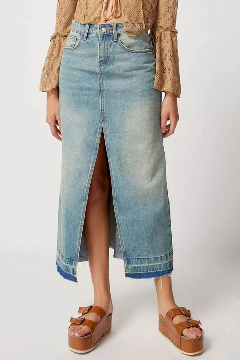Denim Skirts Casual Plain High Waist Slit Midi Skirts for Women