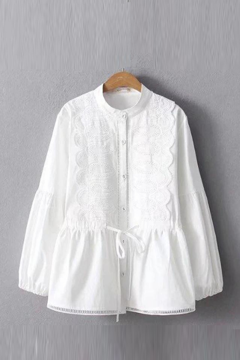 Spring Autumn Women Casual Floral Embroidery Lace Stand Collar Blouse Tops