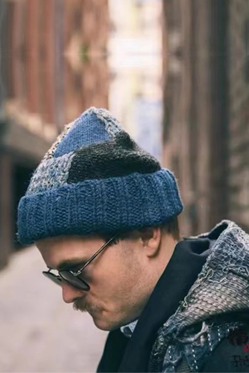 Handmade Men's Knitted Wool Blended Retro Stitching Adjustable Warm Hat