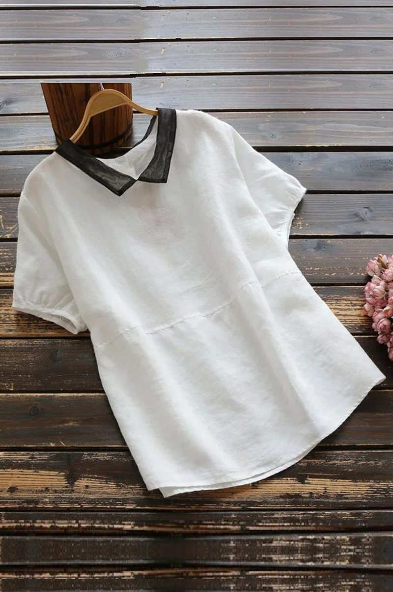 Women Casual Linen Short Sleeve Shirt Organza Patchwork Turndown Collar Blouse